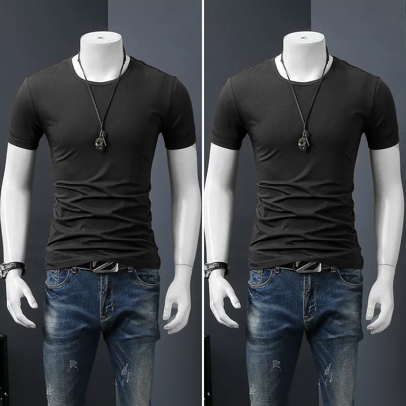 Летняя черная трендовая футболка с коротким рукавом и круглым вырезом, slim fit