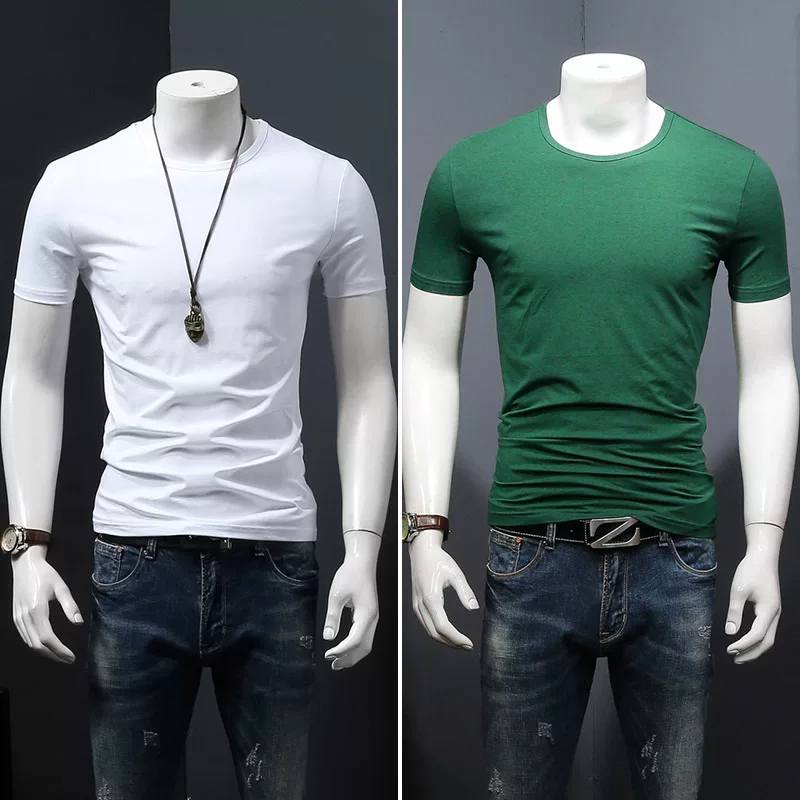 Летняя черная трендовая футболка с коротким рукавом и круглым вырезом, slim fit