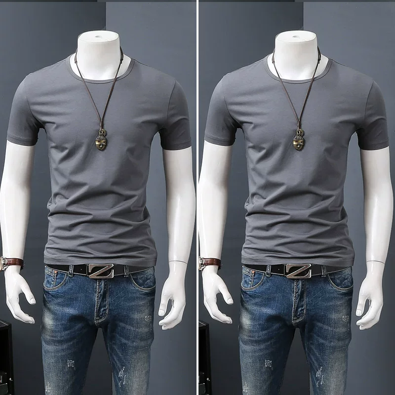 Летняя черная трендовая футболка с коротким рукавом и круглым вырезом, slim fit