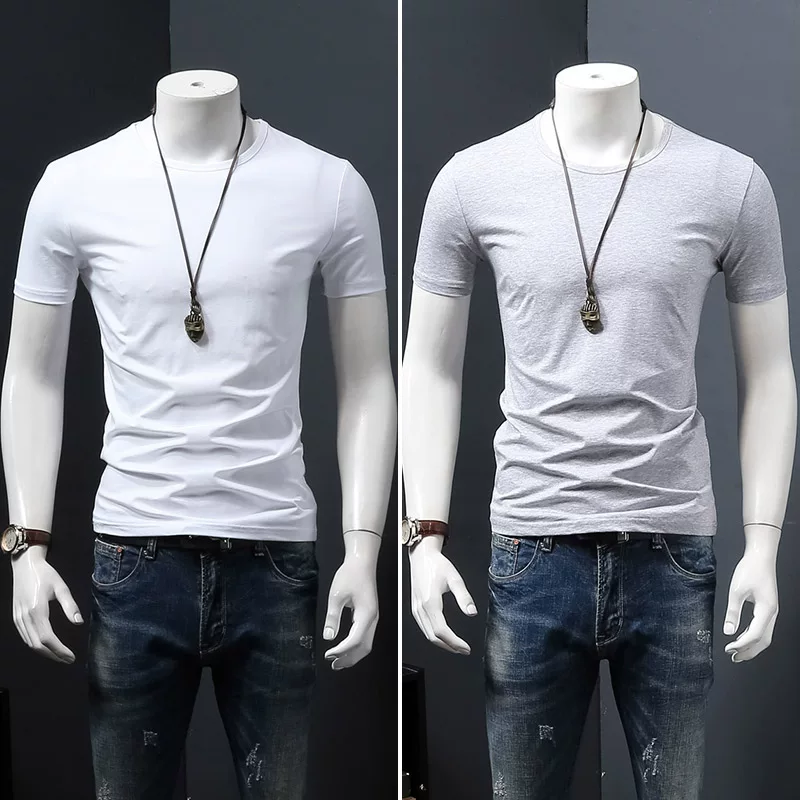 Летняя черная трендовая футболка с коротким рукавом и круглым вырезом, slim fit