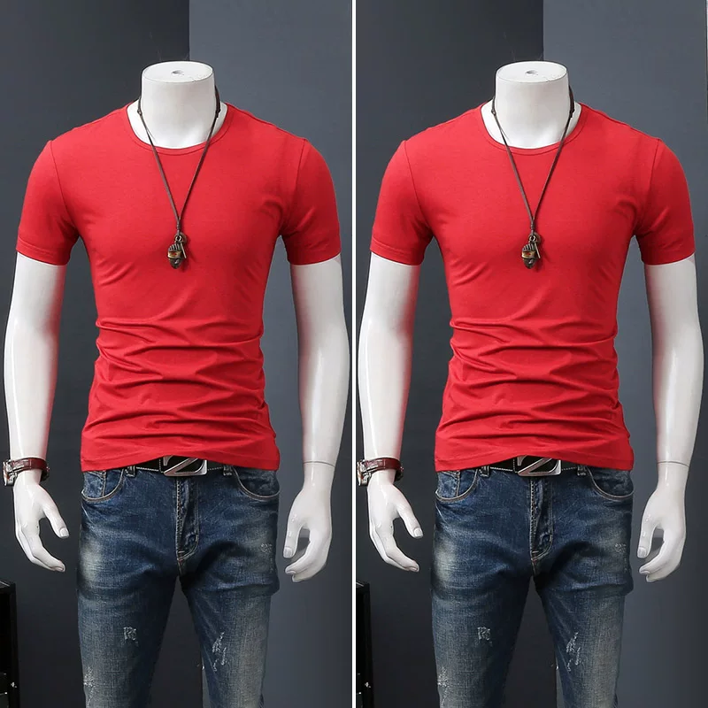 Летняя черная трендовая футболка с коротким рукавом и круглым вырезом, slim fit