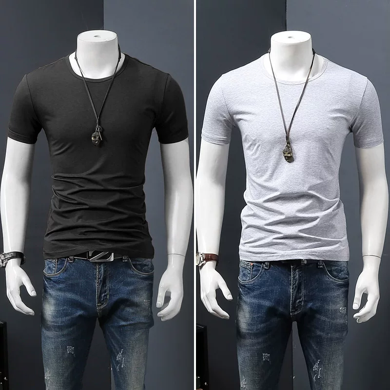 Летняя черная трендовая футболка с коротким рукавом и круглым вырезом, slim fit