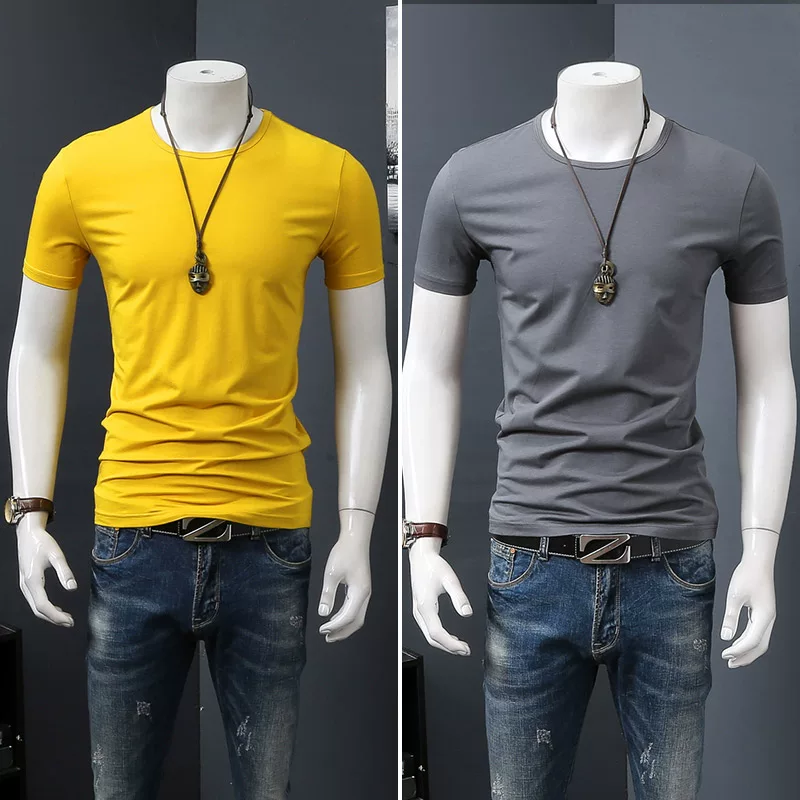 Летняя черная трендовая футболка с коротким рукавом и круглым вырезом, slim fit