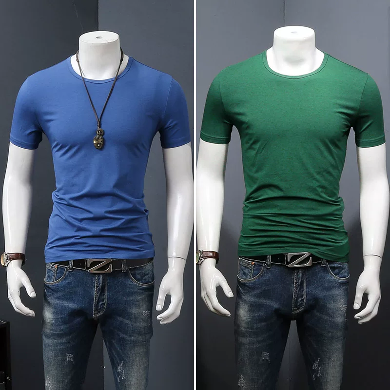 Летняя черная трендовая футболка с коротким рукавом и круглым вырезом, slim fit