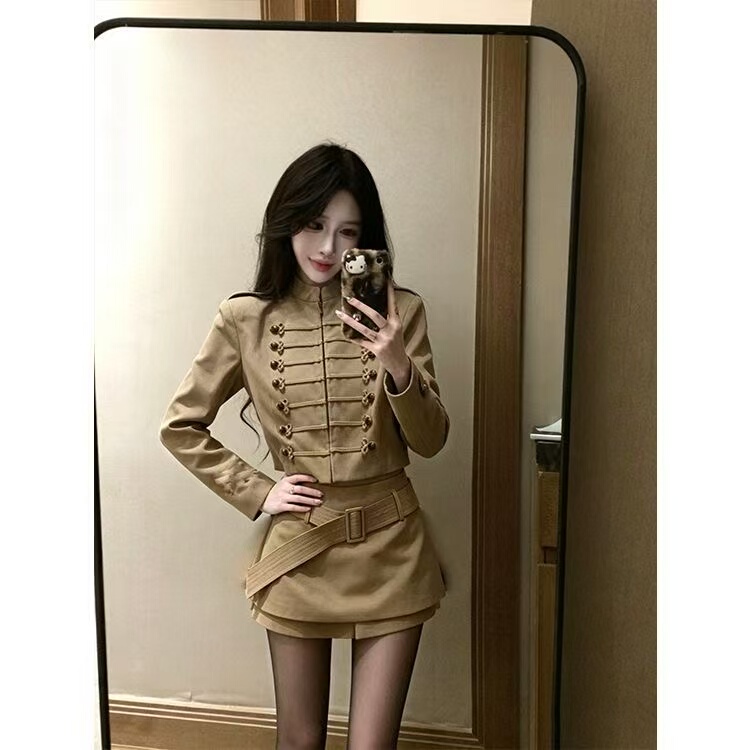 Early Autumn Elegant Double-Breasted Design Age-Reducing Workwear Uniform Long-Sleeved Cardigan Jacket High-Waisted Short Skirt Two-Piece Suit for Women