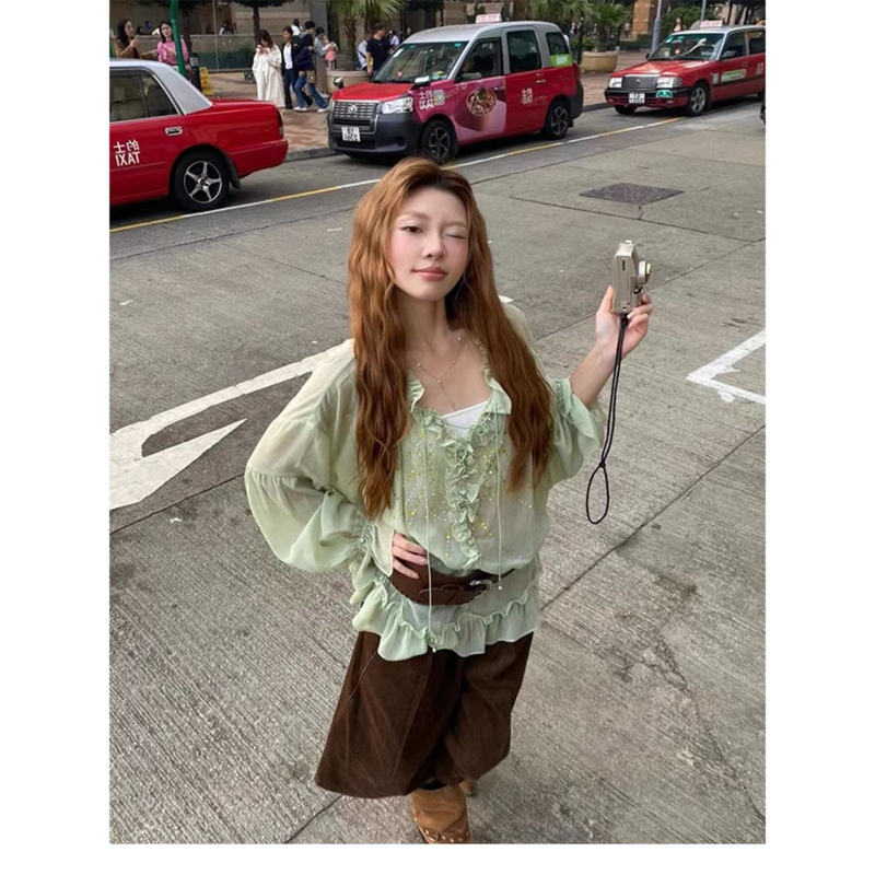 Vacation Style Shirt, Green, Romantic, Relaxed, Lazy, Loose, Atmospheric, French Style, 2025 Summer Sun Protection Pullover Top