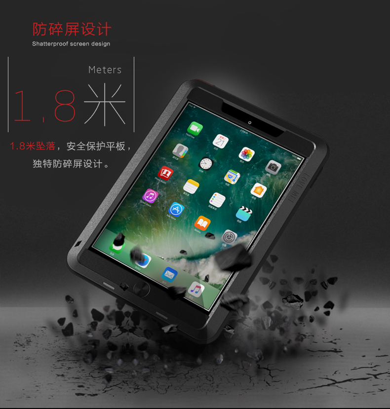 LOVE MEI Powerful Water Resistant Shockproof Dust/Dirt/Snow Proof Aluminum Metal Outdoor Gorilla Glass Heavy Duty Case Cover for Apple iPad (2018) 9.7-inch A1893