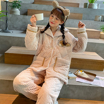 Pajamas womens winter super thick three-layer cotton coral fleece long plus velvet padded home suit flannel