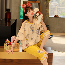 2021 new pajamas women cotton short sleeve Capri pants thin home clothes sweet cotton two-piece suit can be worn outside