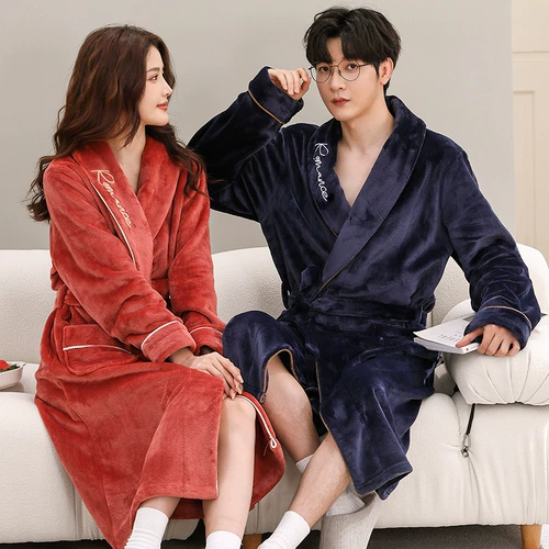 Демисезонный фланелевый бархатный банный халат, флисовая коралловая бархатная длинная пижама для влюбленных, увеличенная толщина