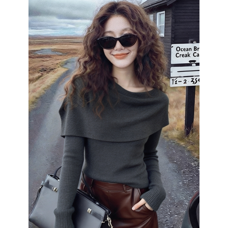 French-Style Dark Gray Cowl-Neck Long-Sleeve Knit Sweater Shawl for Women, Early Autumn New Layered Base Shirt Top Two-Piece Set