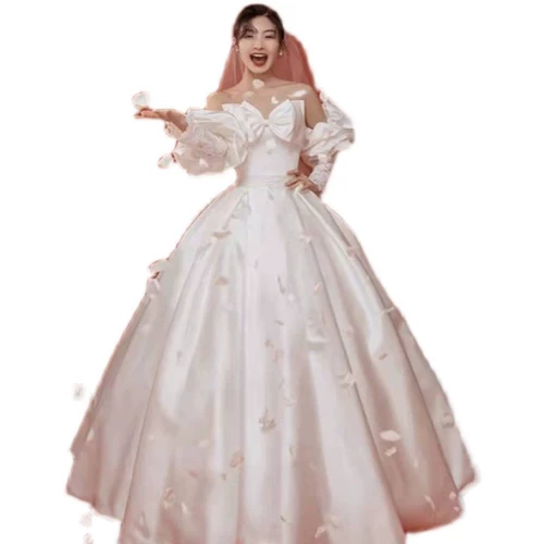 Белое свадебное платье, корейский топ без лямок для влюбленных, рукава фонарики