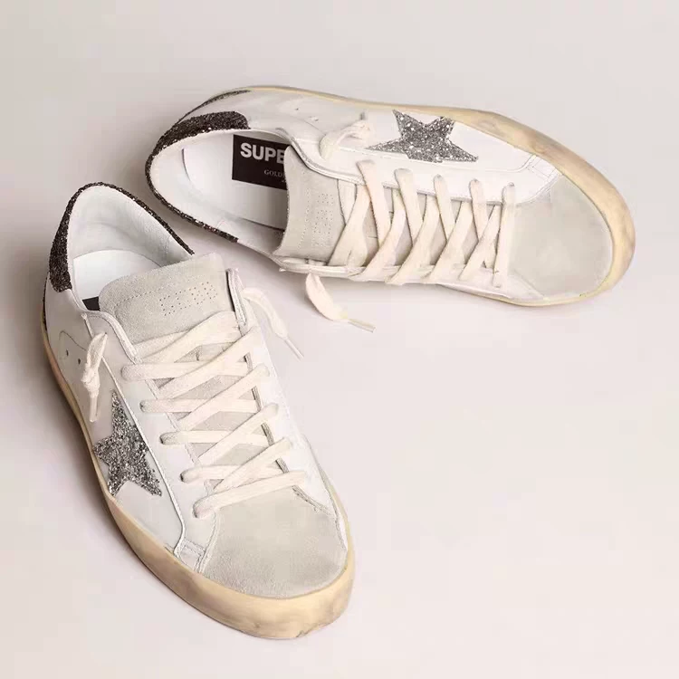 Old dirty shoes female star Korean round toe inner heighten cowhide brown tail silver star sequin dirty shoes sneakers