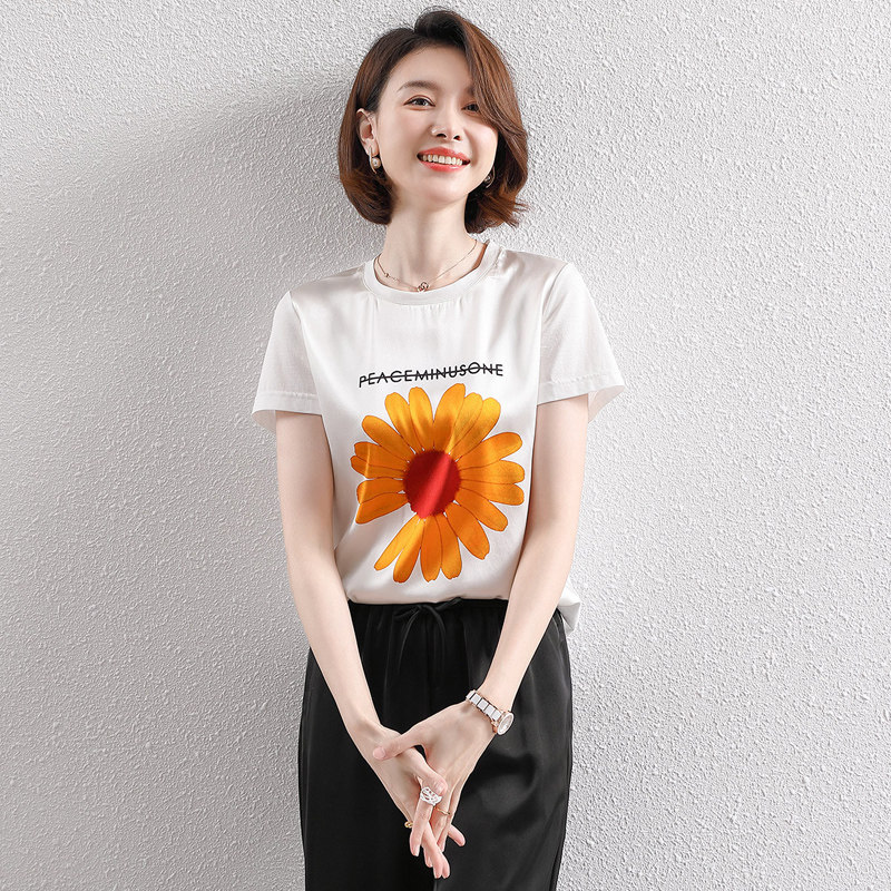 Ice Silk T-shirt woman 2021 new white printed net red ins ultra-fire real silk small daisy short sleeve blouses FORTEl-Taobao