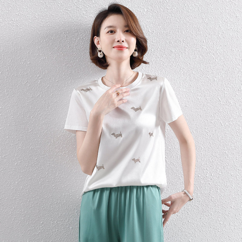 Silk short-sleeved t-shirt women's 2021 new summer high-quality big-name casual all-match hot diamond ice silk T-shirt FORTEl
