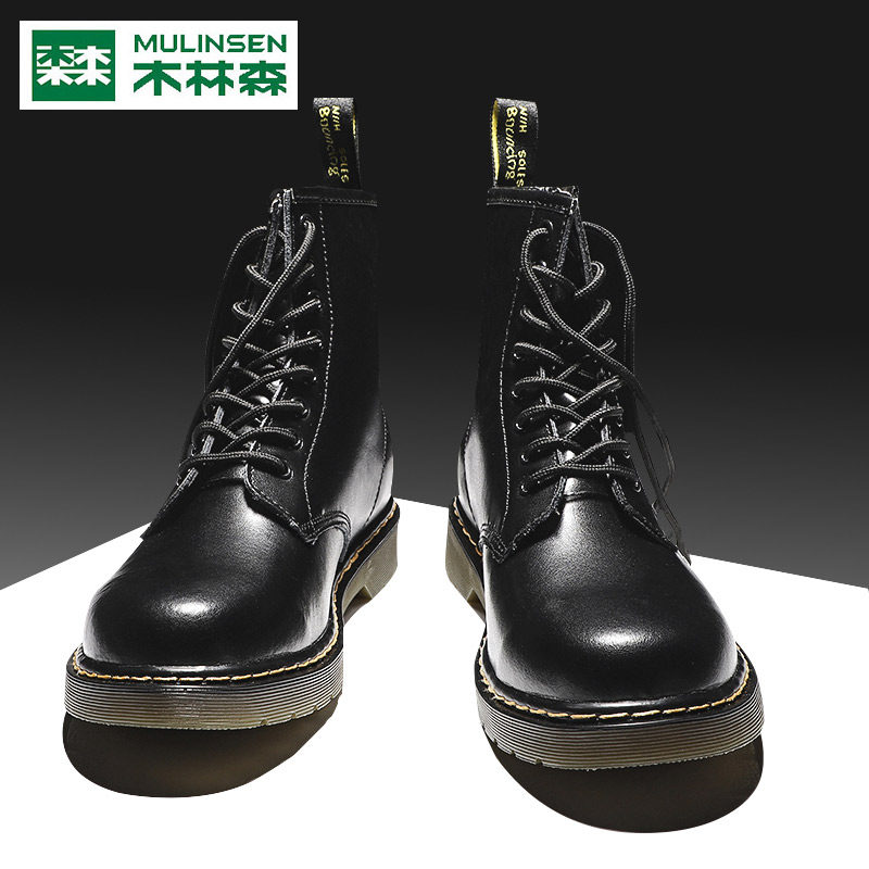 Mulinsen leather autumn and winter plus velvet warm classic Martin boots men's British style mid-top high-top boots men's boots