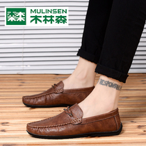 Doudou shoes mens Mulinsen 2021 summer new breathable British soft-soled one-pedal driving shoes casual leather shoes