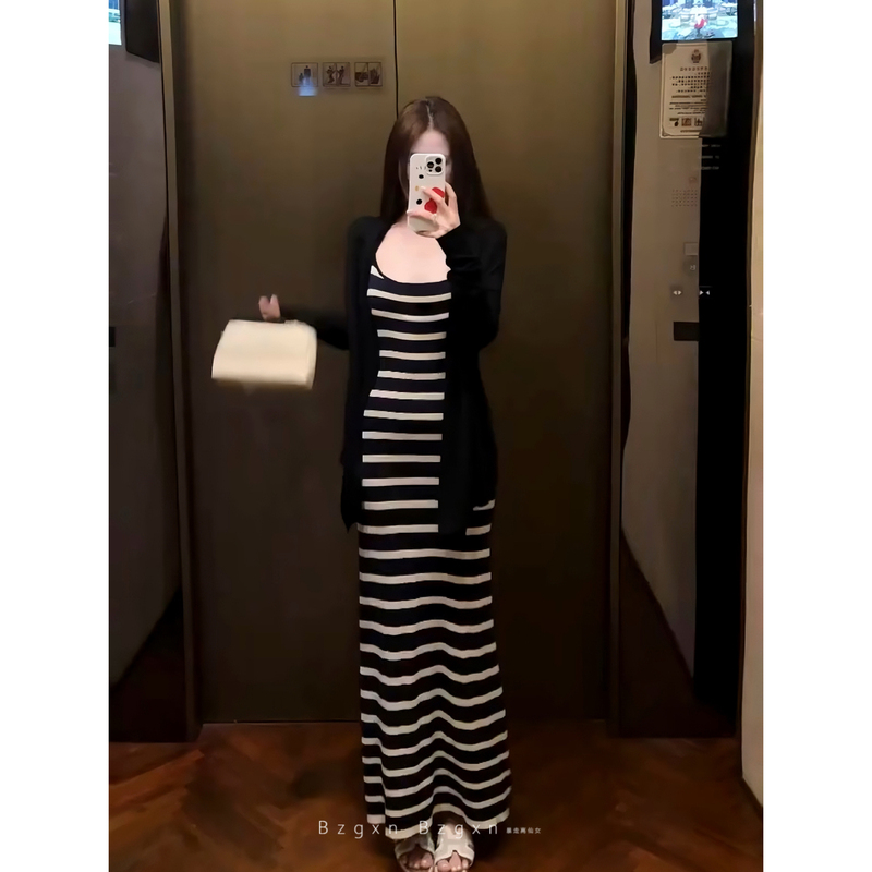 Striped Suspender Dress with Cardigan Two-Piece Set for Tall Women, 2026 Spring/Summer New Style