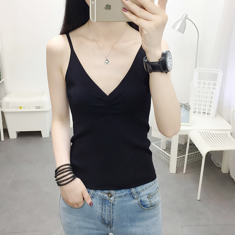 Cẩn thận máy sling vest nữ mùa hè mỏng in dòng ngắn ẩm băng backless sexy dệt kim vest nữ dưới bên hit