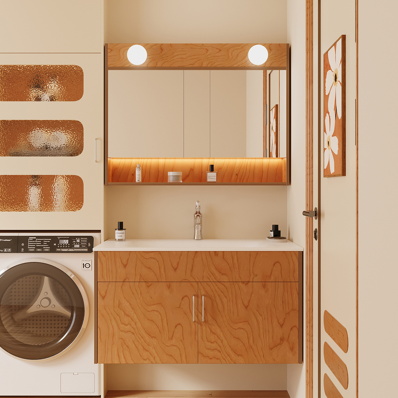 Ocean Board Bathroom Cabinet Set with Heat-Bent Integrated Basin, Russian Birch Wood Washbasin Cabinet, Minimalist Style Bathroom Furniture