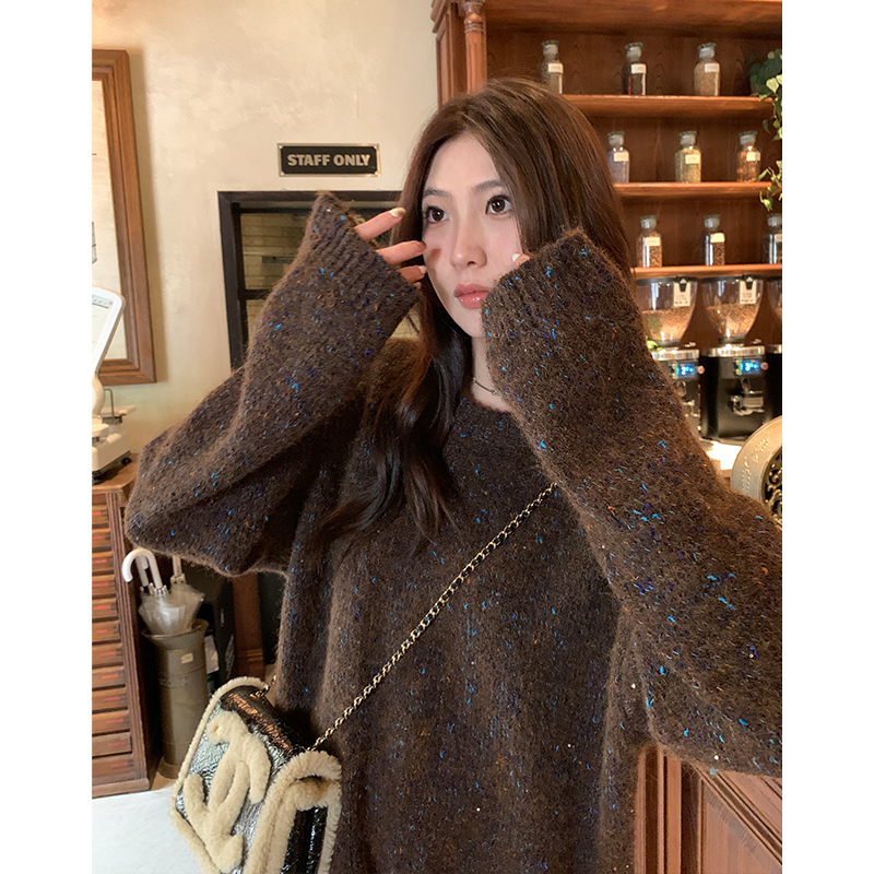 Ayi Mixed Color Speckled Yarn Round Neck Sweater for Women, Autumn and Winter, Lazy Style, Loose and Versatile Top, Sequin Knitwear