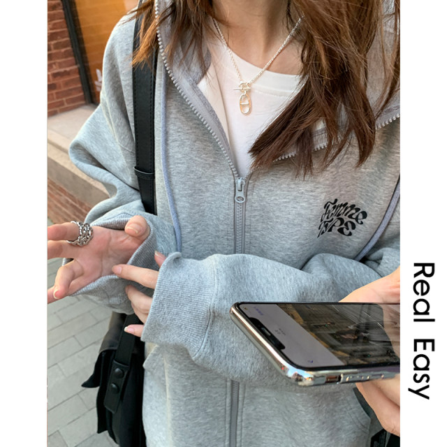 Ayi hooded grey sweatshirt ແມ່ຍິງພາກຮຽນ spring ແລະດູໃບໄມ້ລົ່ນ lazy style ວ່າງ zipper ບວກກັບ velvet ສີຂີ້ເຖົ່າ cardigan jacket