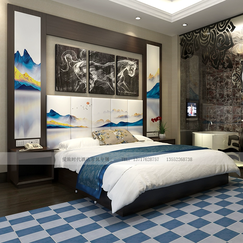 Hộp giường khách sạn theo chủ đề tùy chỉnh theo chủ đề Bắc Kinh Phòng khách của khách sạn thương gia Phòng tiêu chuẩn hoàn chỉnh bộ đồ nội thất Tựa đầu giường bọc nệm êm ái - Nội thất khách sạn