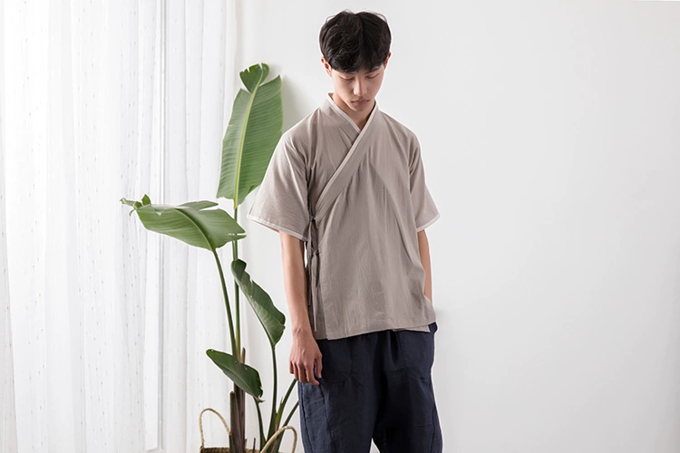 Mùa xuân dưới đồng phục Hanfu nửa cánh tay mùa hè nam cotton và linen ngắn tay trang phục dân tộc áo giản dị Zen quần áo dịch vụ trà shop đồ nam