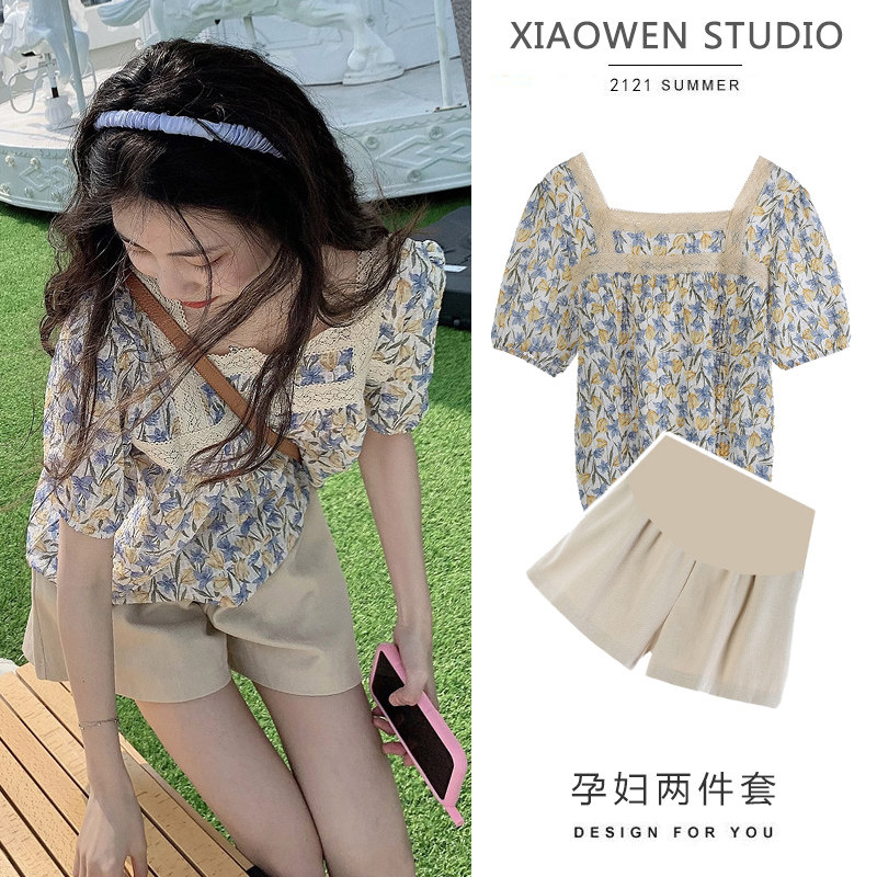 Pregnant women summer clothes net red shorts suit top Women's summer thin summer dress two-piece set out maternity skirt