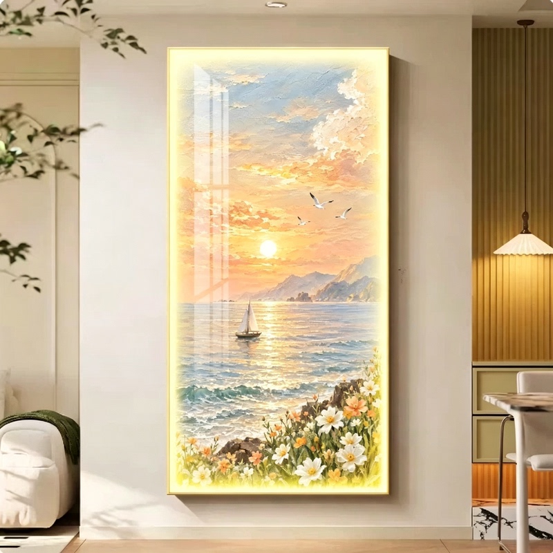 French-Style Cream-Colored Entrance Decorative Painting, Sea Sunrise Corridor Wall Art, High-End Entrance Wall Painting Facing the Door French-Style Cream-Colored Entrance Decorative Painting, Sea Sunrise Corridor Wall Art, High-End Entrance Wall Painting Facing the Door