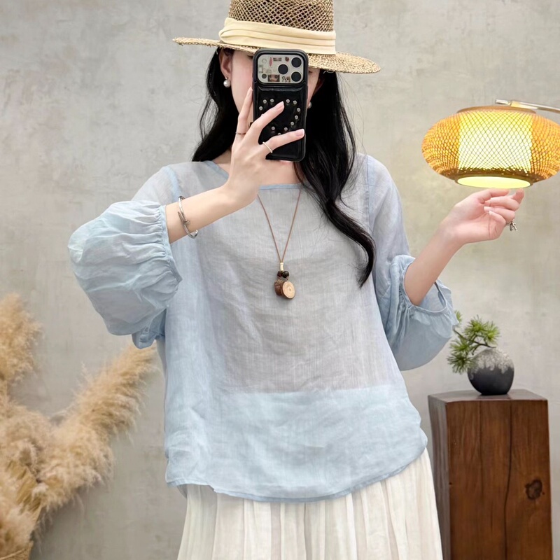 100% Pure Ramie Plain Top with Large Sleeves, Casual and Versatile, Loose Long-Sleeved Top for Women, Summer Lantern Sleeve Shirt 100% Pure Ramie Plain Top with Large Sleeves, Casual and Versatile, Loose Long-Sleeved Top for Women, Summer Lantern Sleeve Shirt