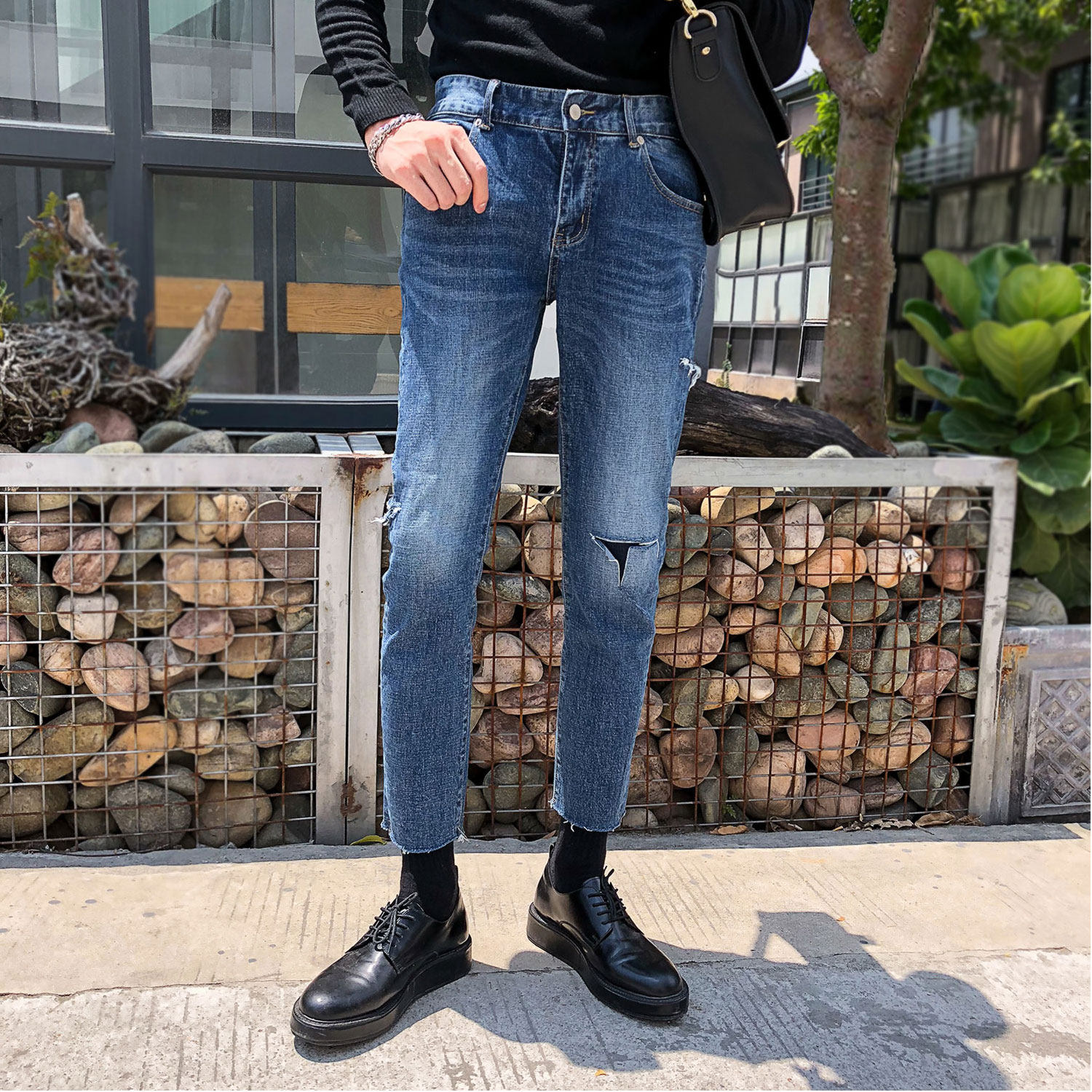 Breaking Hole 90% Pants Male Korean version of wool side 9 Jeans Men's Body Smoke Pipe Pants Trendy Fall Casual Pants