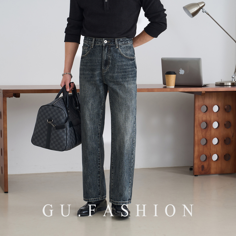 Gu Fashion Classic Easy-Care Dark Blue Loose Stylish Straight-Leg Jeans Casual Versatile Loose Long Pants for Men