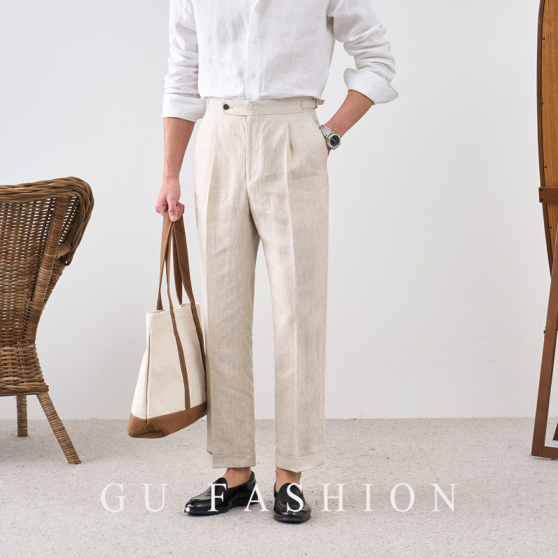 Gu Fashion Summer 100% Linen Naples High-Waisted Straight-Leg Dress Pants for Men, Lightweight and Breathable Casual Trousers Gu Fashion Summer 100% Linen Naples High-Waisted Straight-Leg Dress Pants for Men, Lightweight and Breathable Casual Trousers
