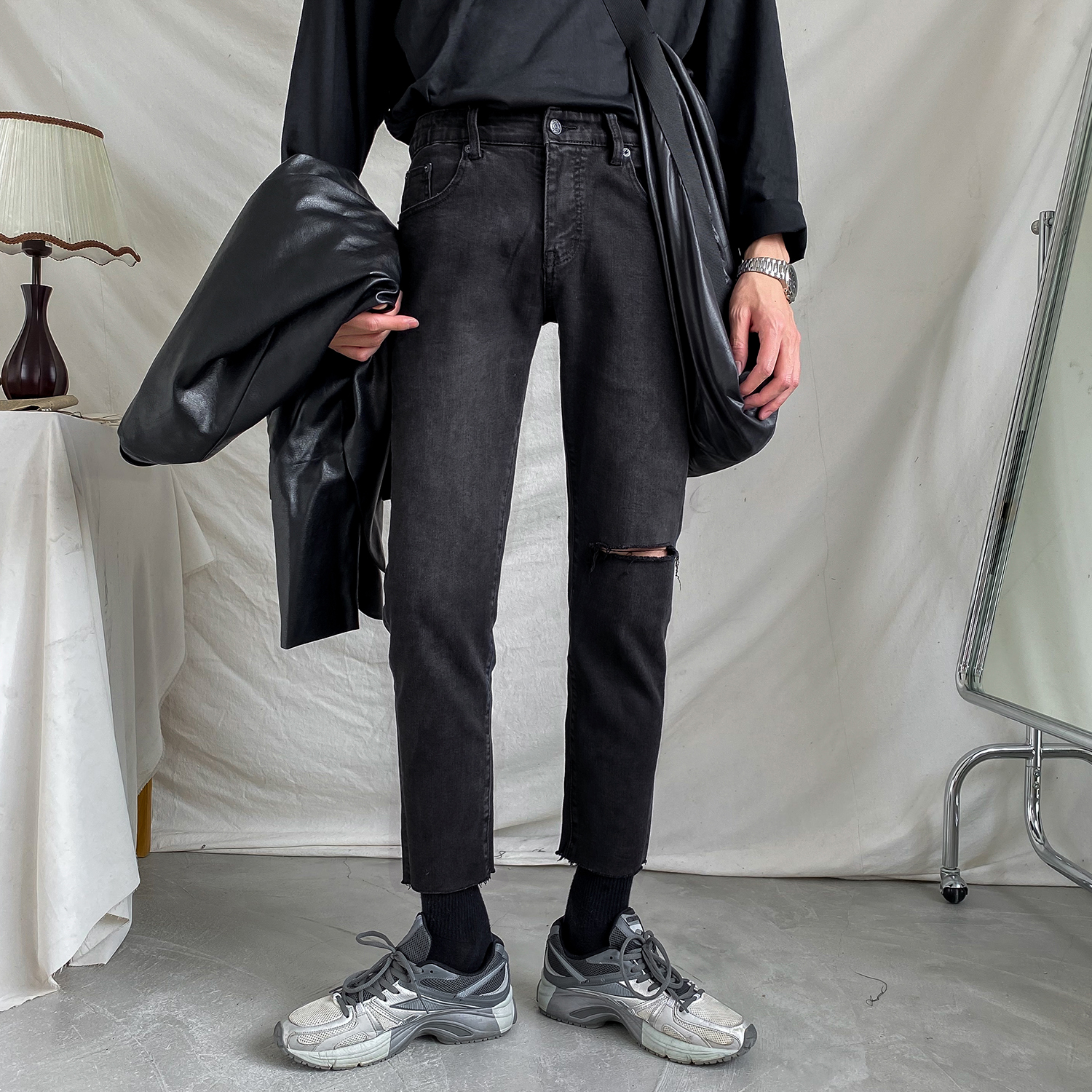 Spring Summer Hair Side Breaking Hole 90% Jeans Men's Korean Version Trend 100 Hitch Black Casual Pants 90% Smoke Pipe Pants Man