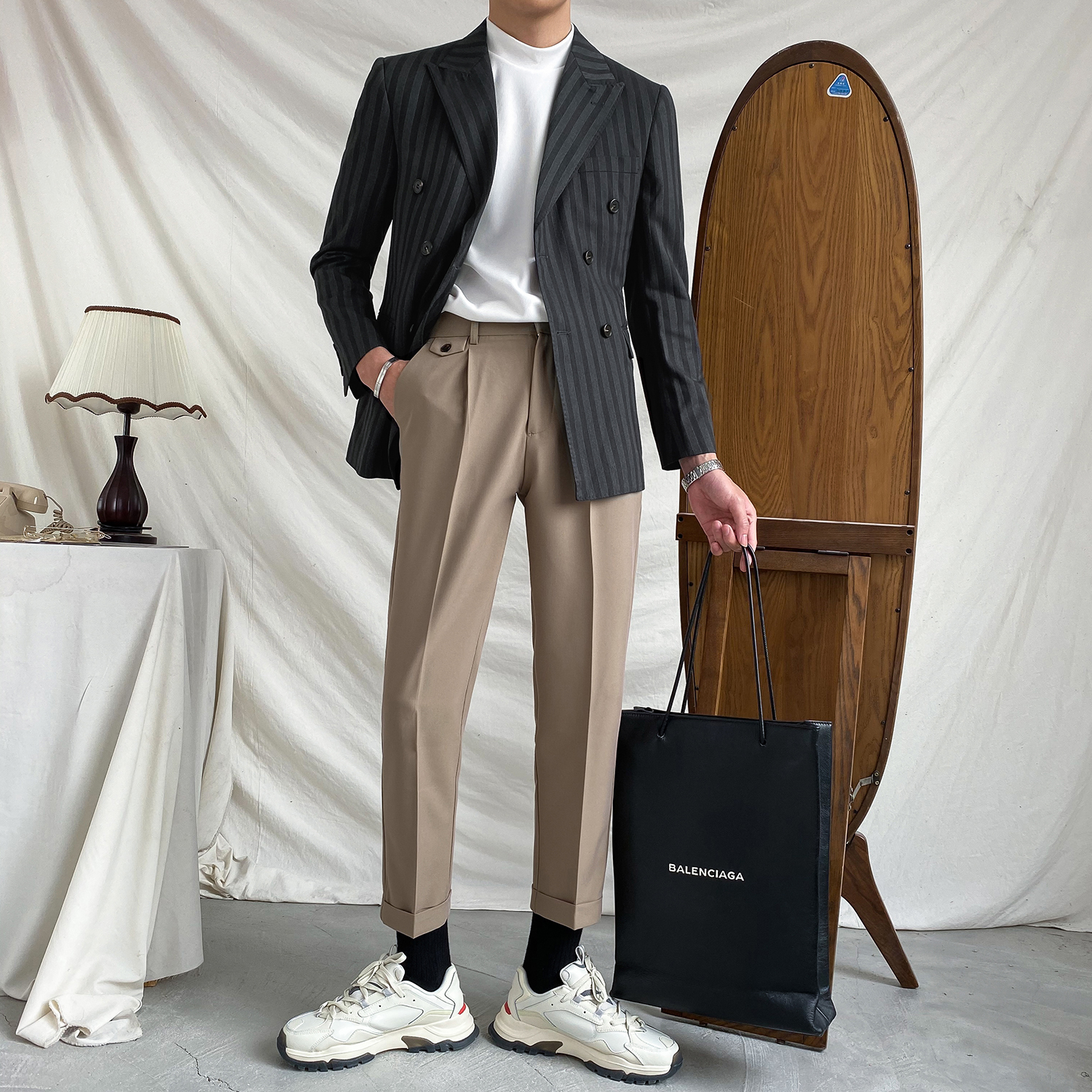 Men's stripes double-row button suit business leisure Han edition of the trend of handsome English little suit coat