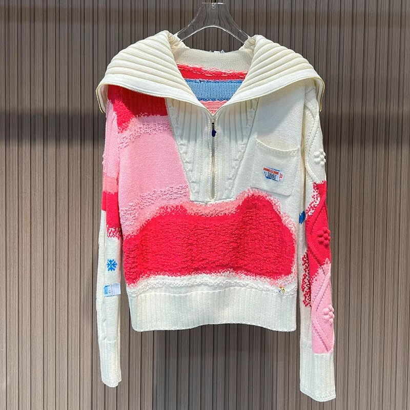 22 Autumn/Winter New Socialite Style Ski Cute Color-Block Knitwear Versatile Cashmere Zipper Lapel Sweater Women's Jacket