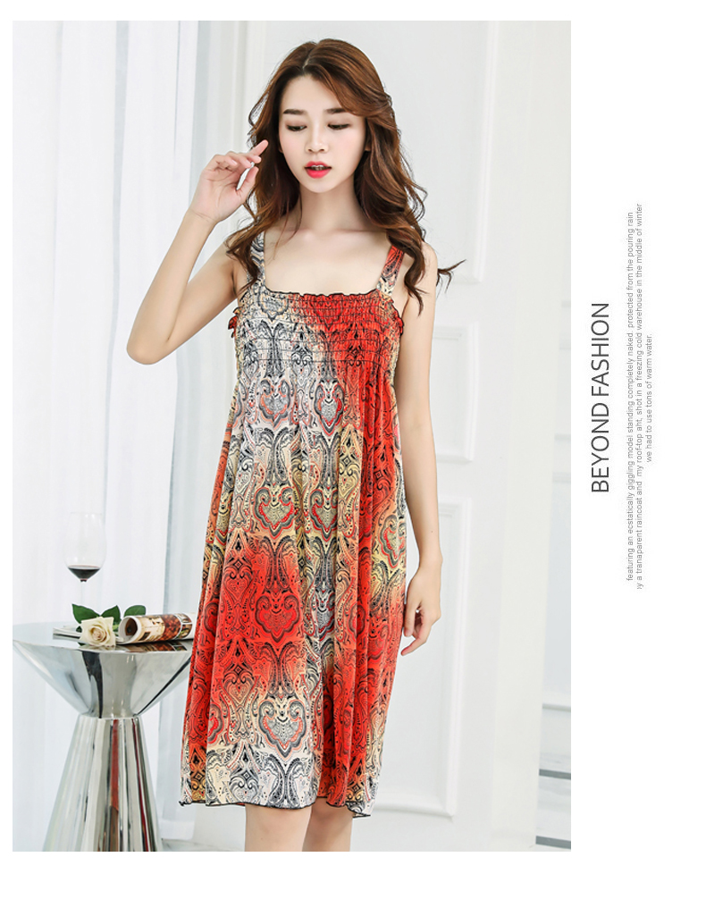 Sling váy là băng mỏng lụa nếp gấp lỏng nightdress tươi rộng dây đeo vai bãi biển váy sexy Slim vẻ đẹp trở lại dịch vụ nhà