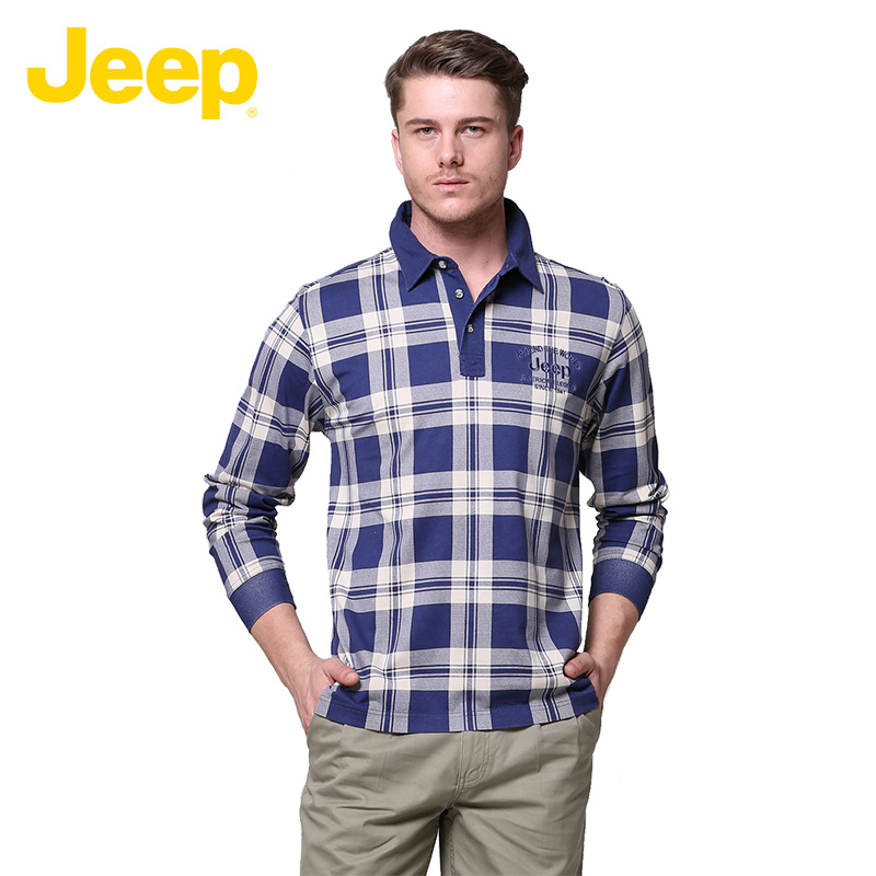 JEEP/吉普男装纯棉格子翻领夏季长袖T恤男士薄款JS11KT016N