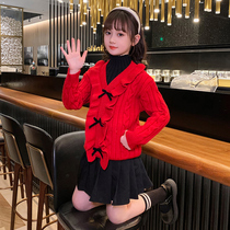 Girls autumn clothes 2022 new childrens red sweater outer wear little girl spring and autumn foreign style fake two knitted sweaters