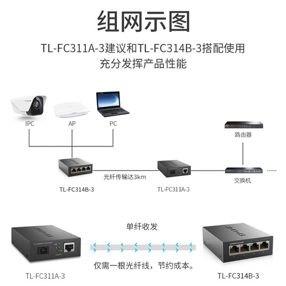 TP-LINK 기가비트 1 광 4 전기 TL-FC311A-3+TL-FC314B-3 단일 모드 단일 광섬유 광섬유 트랜시버 광전 변환기 SC 포트 3 킬로미터 광섬유 트랜시버 1 광 4 전기