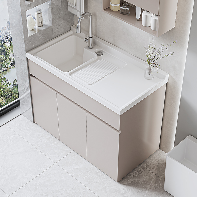 Balcony Honeycomb Aluminum Large Panel Laundry Cabinet Combination with Floor-Standing Laundry Sink, Quartz Stone Integrated Wash Basin with Washboard, Inorganic