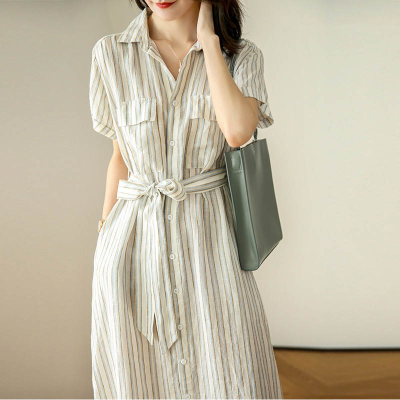 Japanese High-End Export Brand Clearance Sale, Waist-Tie Vertical Striped Short-Sleeve Shirt Dress