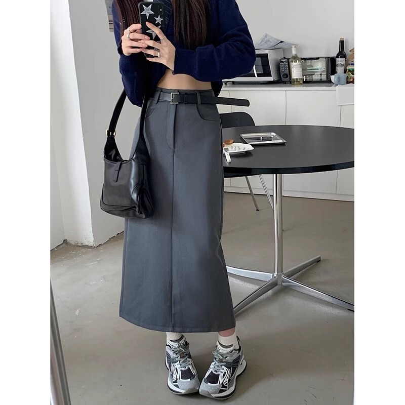 High-Waisted Slimming Look Versatile Design Slit Hip Skirt Women's Long A-Line Elegant Literary Gray Suit Skirt High-Waisted Slimming Look Versatile Design Slit Hip Skirt Women's Long A-Line Elegant Literary Gray Suit Skirt