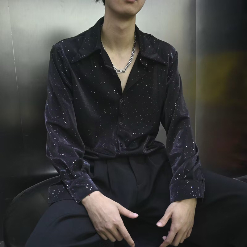 French-Style Starry Sky Shirt for Men, No-Iron, Loose-Fitting, Long-Sleeved, Starry Sky Highlight Floral Shirt, Nightclub Hairstylist Trendy Shirt