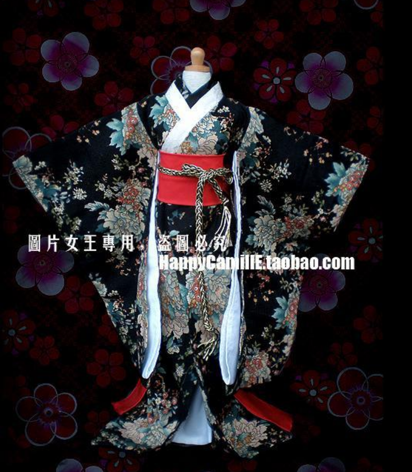 BJDSD 3 points 4 points ancient costume baby clothes clothes Japanese vibrating sleeves kimono black peony pattern 1 4 1 3