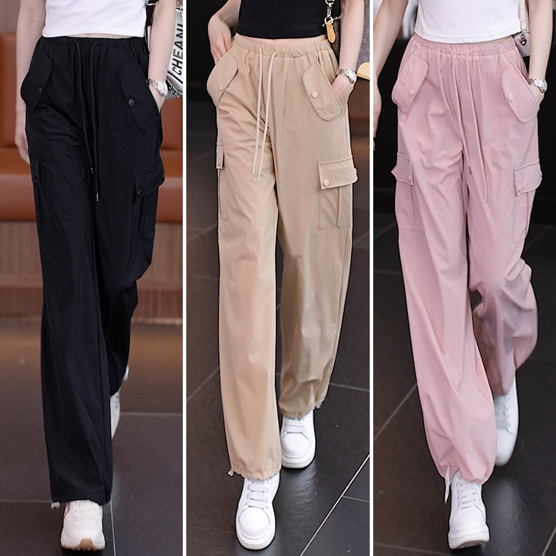 2026 Summer Thin Ice Silk Quick-Dry Commuting Style High-Waisted Cargo Pants for Women with Multiple Pockets, Elastic Waist, and Jogger Cuffs Casual Pants 2026 Summer Thin Ice Silk Quick-Dry Commuting Style High-Waisted Cargo Pants for Women with Multiple Pockets, Elastic Waist, and Jogger Cuffs Casual Pants