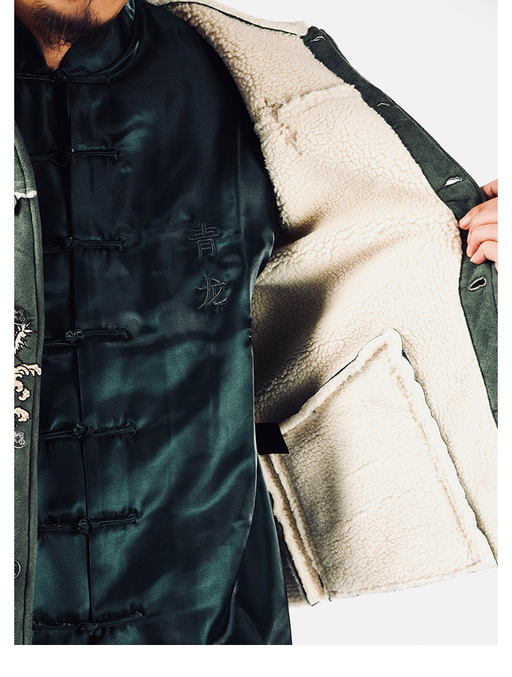 三省六部主线·三龙柄·重工刺绣麂皮羊羔毛拼接防寒保暖机车外套详情11