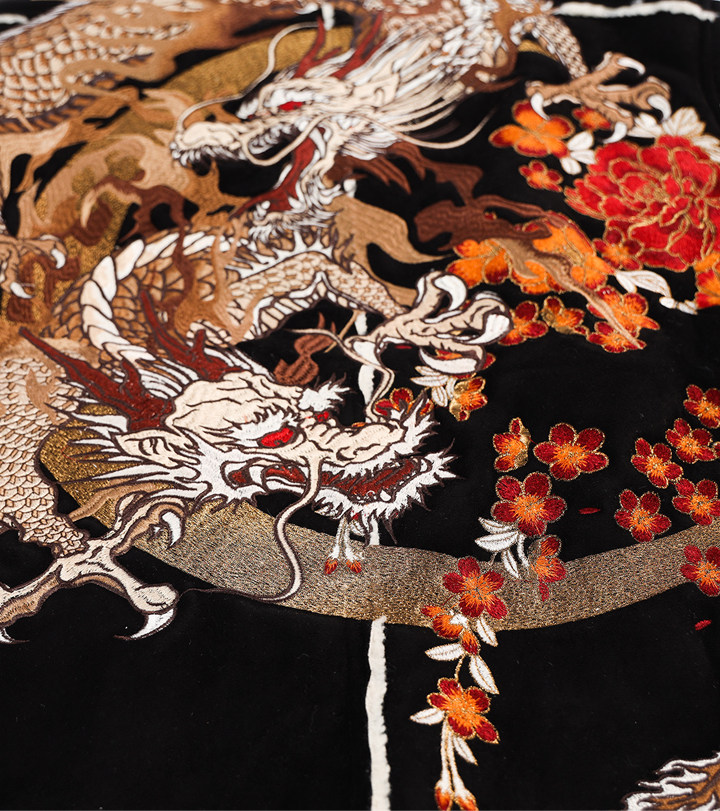 三省六部主线·三龙柄·重工刺绣麂皮羊羔毛拼接防寒保暖机车外套详情2