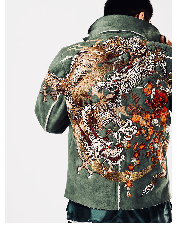 三省六部主线·三龙柄·重工刺绣麂皮羊羔毛拼接防寒保暖机车外套详情7